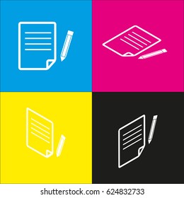 Paper and pencil sign. Vector. White icon with isometric projections on cyan, magenta, yellow and black backgrounds.