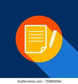 Paper and pencil sign. Vector. White icon on tangelo circle with infinite shadow of light at cool black background. Selective yellow and bright navy blue are produced.