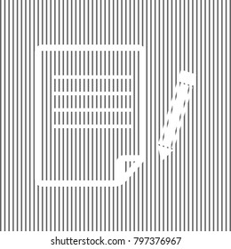Paper and pencil sign. Vector. White icon on grayish striped background. Optical illusion.