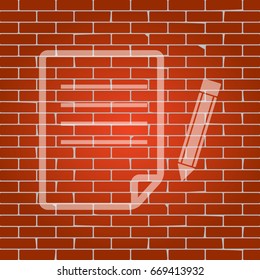 Paper and pencil sign. Vector. Whitish icon on brick wall as background.