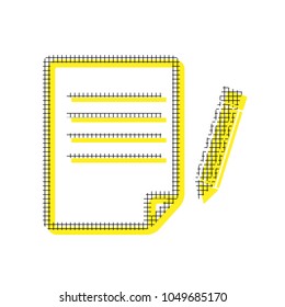 Paper and pencil sign. Vector. Yellow icon with square pattern duplicate at white background. Isolated.