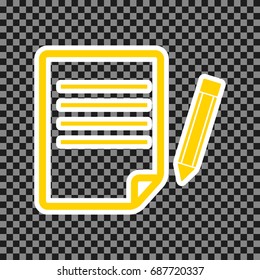 Paper and pencil sign. Vector. Yellow icon with white contour on dark transparent background.