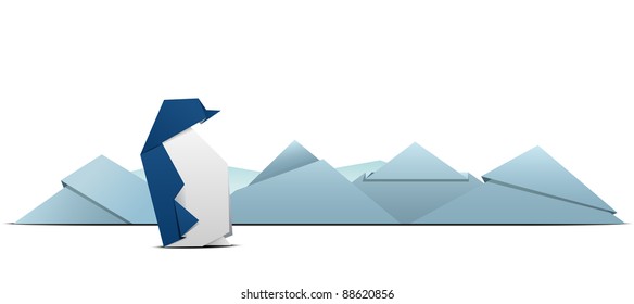 paper penguin among glaciers
