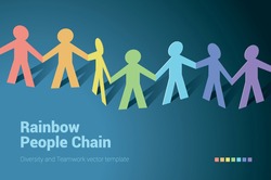 Paper People Rainbow Team In Chain. Flat Design Isometric Vector Concept For Teamwork, Mutual Aid And Diversity.