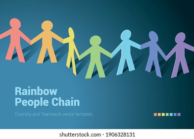 Paper people rainbow team in chain. Flat design isometric vector concept for teamwork, mutual aid and diversity.