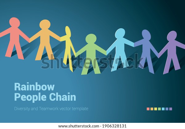 Paper people\
rainbow team in chain. Flat design isometric vector concept for\
teamwork, mutual aid and\
diversity.