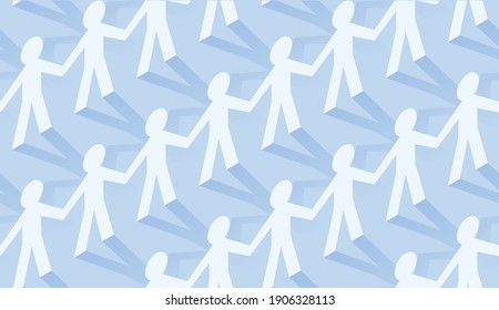 Paper people team in chain seamless pattern. Flat design isometric vector concept for teamwork and mutual aid.