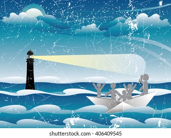 Paper people traveling in the boat, grunge textured background.
