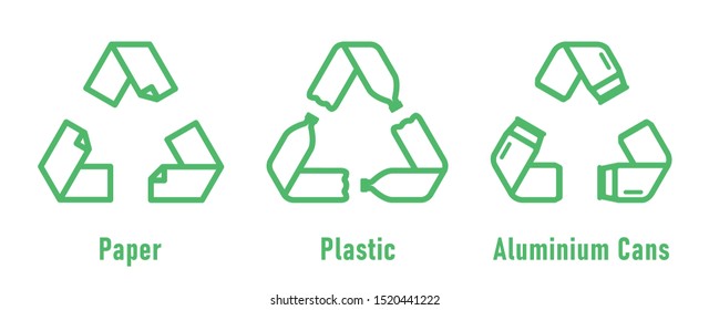 Paper, Pet bottles, aluminum cans form mobius loop or recycling symbol with arrows. Eco use concept. Set of recycling green icons. Vector illustration