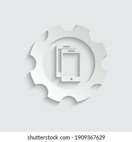 paper phone with gears and cogs  - black vector icon