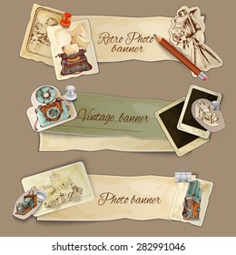 Paper photo banners set with retro photography camera and cards isolated vector illustration