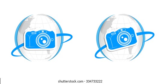 Paper photo camera flying around the world  