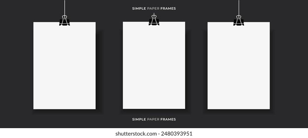 Paper photo frame collage mockups. Blank paper sheets with black paper clips on dark background. Simple cards for photos, pictures. 