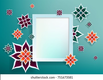 Paper photo frame graphic of geometric art on blue background