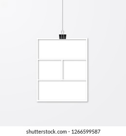 Paper photo frame hanging with binder clips. Collage vector illustration isolated. Advertising poster. Social media story template. Free space for your picture or design.
