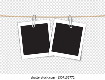 Paper Photo Frame Retro Style Hanging by Clip on Rope, Transparent Background.