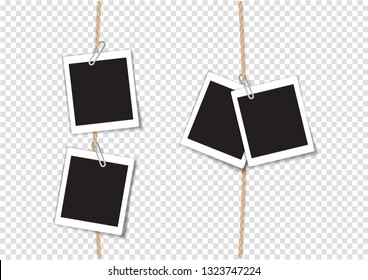 Paper Photo Frame Retro Style Hanging by Clip on Rope, Transparent Background.