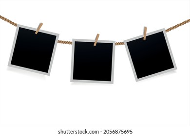 Paper photo frame Retro style hanging clip on a rope, transparent background.