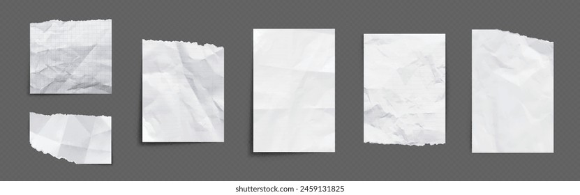 Paper pieces with wrinkles and torn edges. Realistic vector illustration set of empty white, lined and checkered pages with crumpled effect. Design mockup of blank sheet with crease and rough border.