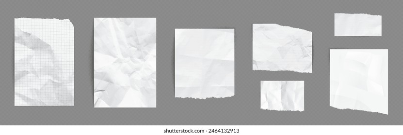 Paper pieces with wrinkles and torn edges. Realistic vector illustration set of empty white and checkered pages with crumpled effect. Design mockup of blank sheet with crease and rough border.