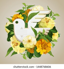 Paper pigeon in a bouquet of yellow zinnia flowers. A note in a bouquet of flowers.