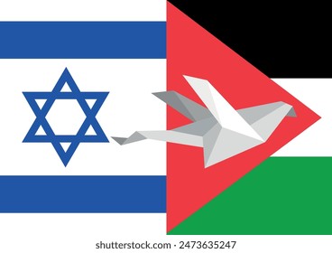 The paper pigeon on Israel and Palestine flags background, vector pattern symbolizing peace 
