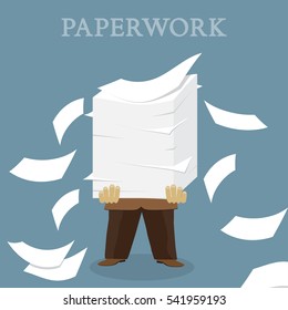 Paper pile with a man flat illustration. Paperwork. Office routine