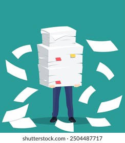 Paper pile with a man. Vector illustration in flat style. Office routine