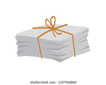 Paper pile tied with lace and bow on top, newspaper magazines, pages heap, wastepaper ready to be recycled, garbage isolated on vector illustration