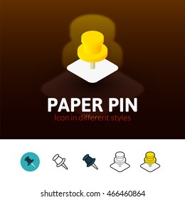 Paper pin color icon, vector symbol in flat, outline and isometric style isolated on blur background