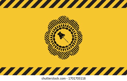paper pin icon black grunge emblem inside yellow warning sign. Vector Illustration. Detailed.