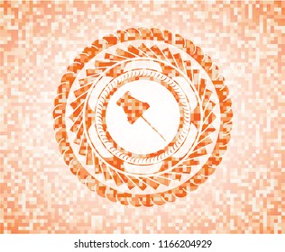 paper pin icon inside abstract emblem, orange mosaic background