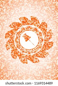 paper pin icon inside abstract emblem, orange mosaic background