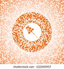 paper pin icon inside abstract orange mosaic emblem