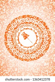 paper pin icon inside abstract orange mosaic emblem with background