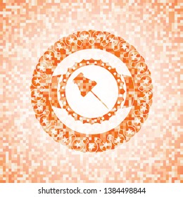 paper pin icon inside abstract emblem, orange mosaic background