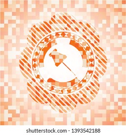 paper pin icon inside abstract orange mosaic emblem with background