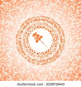 paper pin icon inside abstract orange mosaic emblem. 