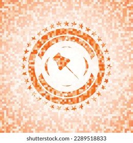 paper pin icon inside abstract orange mosaic emblem with background. 
