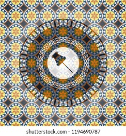 paper pin icon inside arabesque badge background. arabic decoration.