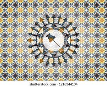  paper pin icon inside arabesque emblem background. arabic decoration.