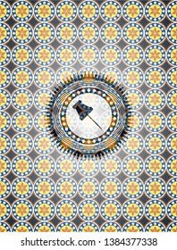 paper pin icon inside arabesque badge background. arabic decoration.