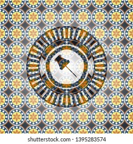 paper pin icon inside arabesque badge background. arabic decoration.