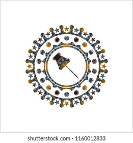 paper pin icon inside arabic style badge. Arabesque decoration.