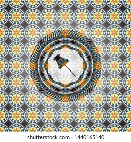 paper pin icon inside arabic badge background. Arabesque decoration.