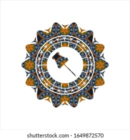 paper pin icon inside arabic style badge. Arabesque decoration.