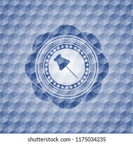 paper pin icon inside blue badge with geometric pattern.