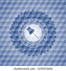 paper pin icon inside blue emblem or badge with geometric pattern background.