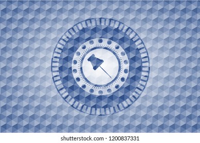 paper pin icon inside blue badge with geometric background.
