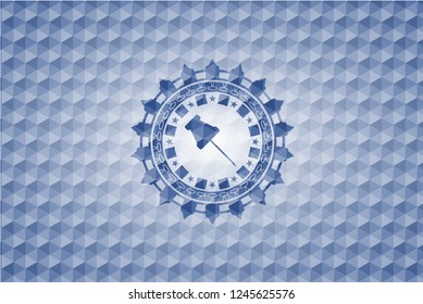paper pin icon inside blue badge with geometric pattern.